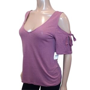 NEW Hinge Cold Shoulder Top Self Tie Short Sleeve Linen Size Small Purple